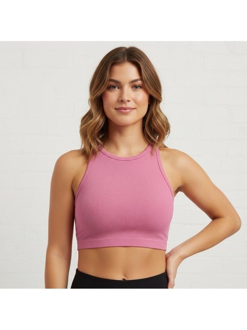 Jockey Pink Ribbed Sports Bra Size L Racerback Stretch Comfort Activewear